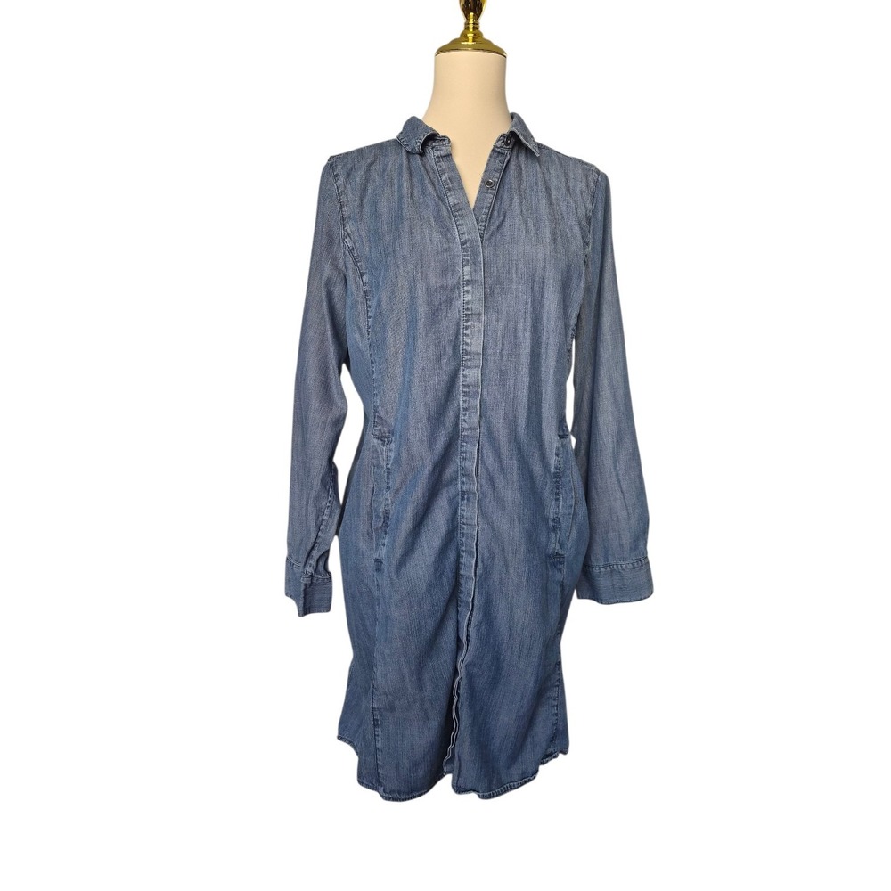 Eileen Fisher Classic Collar Shirtdress‎ Blue Chambray Pockets High-Low Hem Sz M